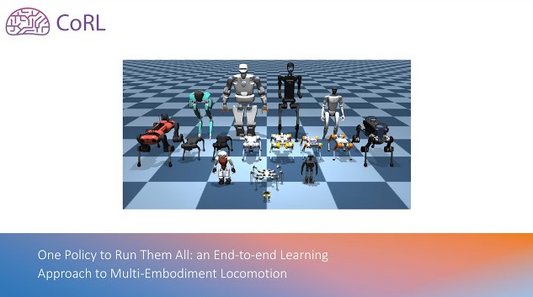 Mulltiple robots, including Petoi Bittle, are used to train one policy wit an end-to-end learning approach to multi-embodiment locomotion